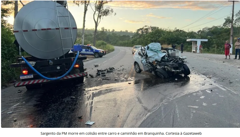 VÍDEO: Sargento da PM morre em colisão entre carro e caminhão em Branquinha